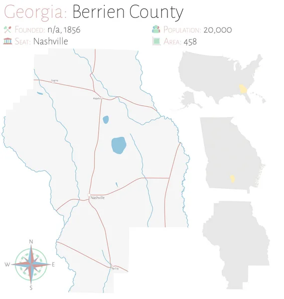 Velká Podrobná Mapa Hrabství Berrien Gruzii Usa — Stockový vektor