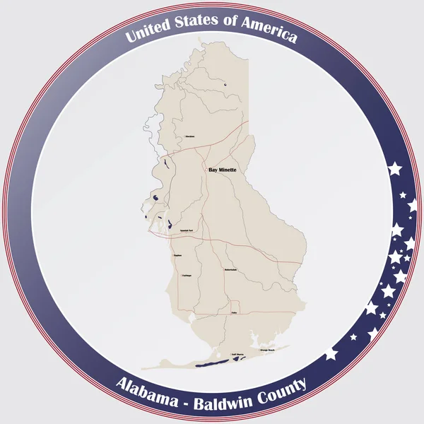 Круглая Кнопка Подробной Картой Округа Болдуин Алабаме Сша — стоковый вектор