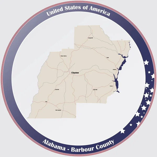 Ronde Knop Met Gedetailleerde Kaart Van Barbour County Alabama Verenigde — Stockvector