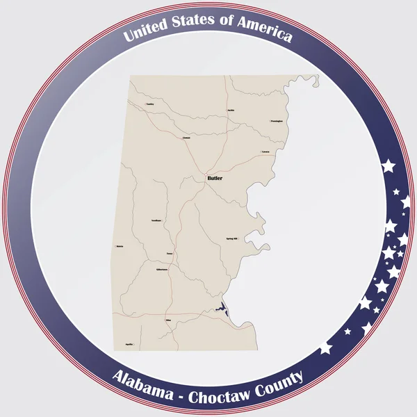 Ronde Knop Met Gedetailleerde Kaart Van Choctaw County Alabama Verenigde — Stockvector