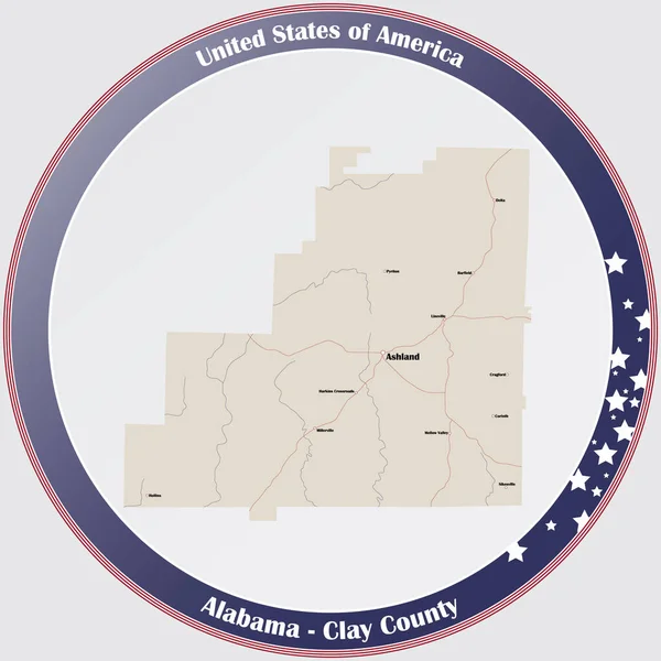 Botão Redondo Com Mapa Detalhado Condado Clay Alabama Estados Unidos — Vetor de Stock