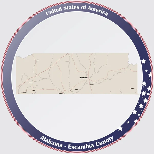 Ronde Knop Met Gedetailleerde Kaart Van Escambia County Alabama Verenigde — Stockvector