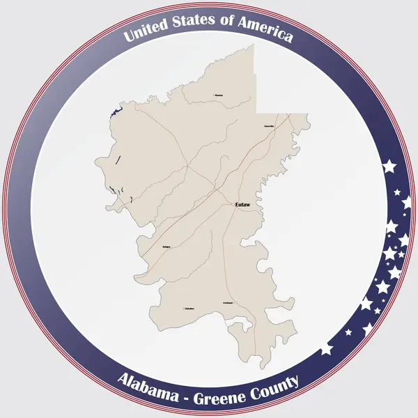 Ronde Knop Met Gedetailleerde Kaart Van Greene County Alabama Verenigde — Stockvector