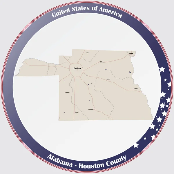Ronde Knop Met Gedetailleerde Kaart Van Houston County Alabama Verenigde — Stockvector