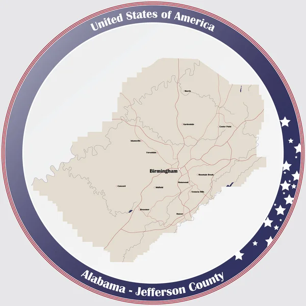 Кругла Кнопка Детальною Картою Округу Джефферсон Алабамі Сша — стоковий вектор