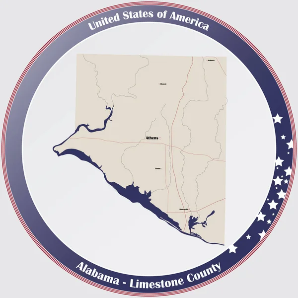 Ronde Knop Met Gedetailleerde Kaart Van Limestone County Alabama Verenigde — Stockvector