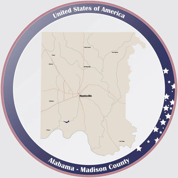 Botón Redondo Con Mapa Detallado Condado Madison Alabama Estados Unidos — Archivo Imágenes Vectoriales