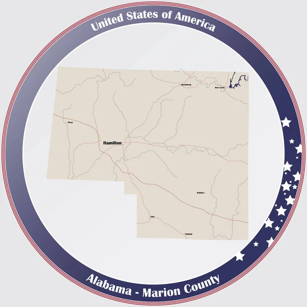 Runder Knopf Mit Detaillierter Karte Von Marion County Alabama Usa — Stockvektor