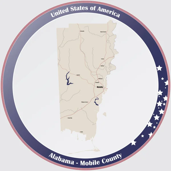 Ronde Knop Met Gedetailleerde Kaart Van Mobile County Alabama Verenigde — Stockvector