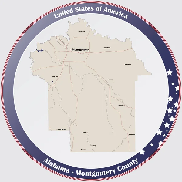 Ronde Knop Met Gedetailleerde Kaart Van Montgomery County Alabama Verenigde — Stockvector