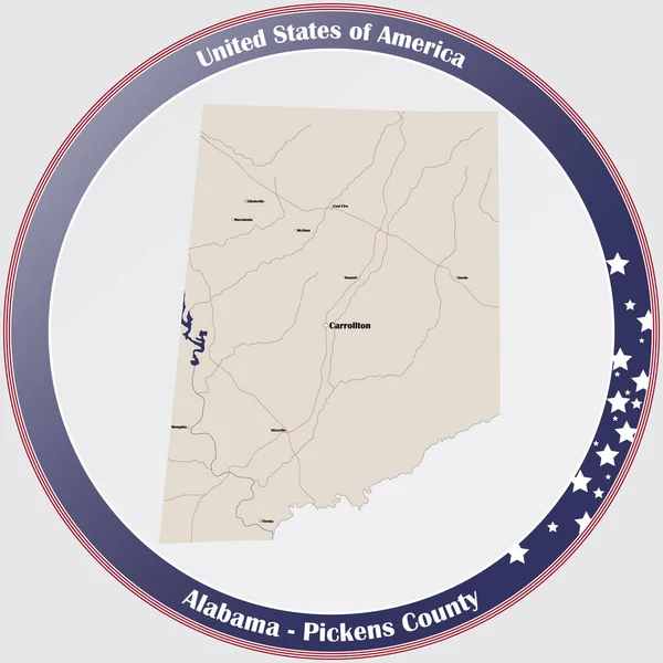 Ronde Knop Met Gedetailleerde Kaart Van Pickens County Alabama Verenigde — Stockvector