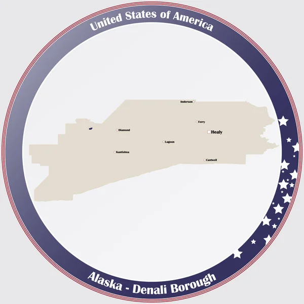 美国阿拉斯加州Denali Borough的圆形按钮和详细地图 — 图库矢量图片