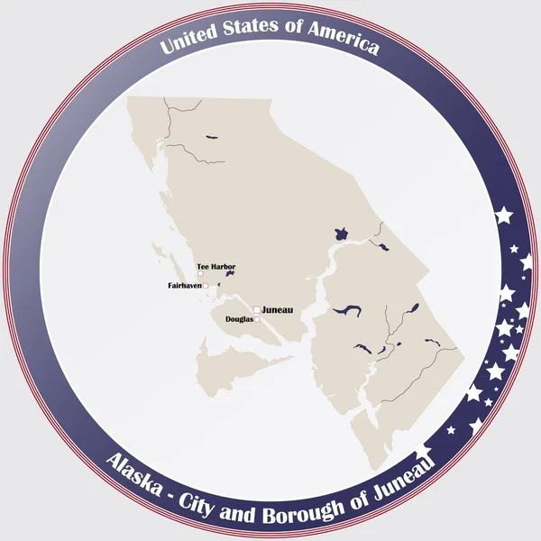 アメリカ合衆国アラスカ州の都市とジュノーの自治区の詳細な地図を持つ丸ボタン — ストックベクタ