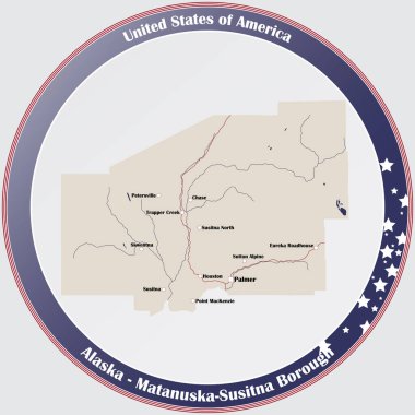 Round button with detailed map of Matanuska-Susitna Borough in Alaska, USA. clipart