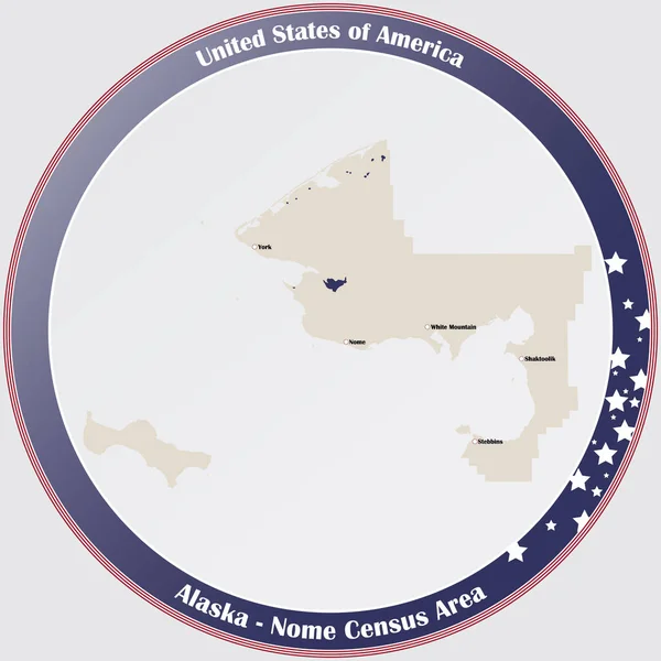 美国阿拉斯加州诺姆普查区详细地图圆形按钮 — 图库矢量图片