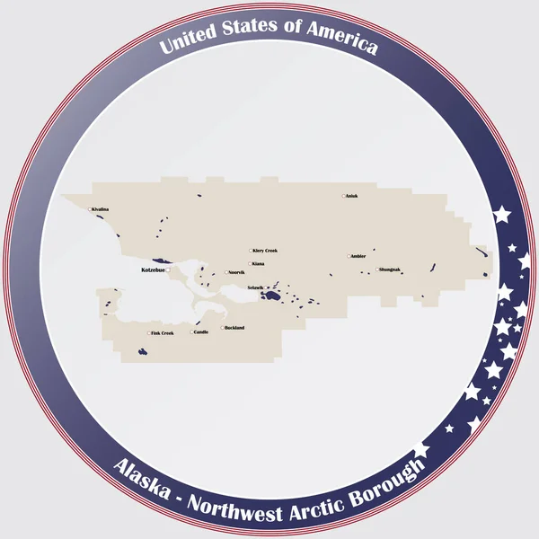 美国阿拉斯加州西北北极区详细地图圆形按钮 — 图库矢量图片
