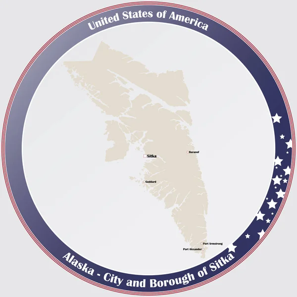 Yuvarlak Düğme Alaska Daki Sitka Şehri Borough Nun Detaylı Haritasıyla — Stok Vektör