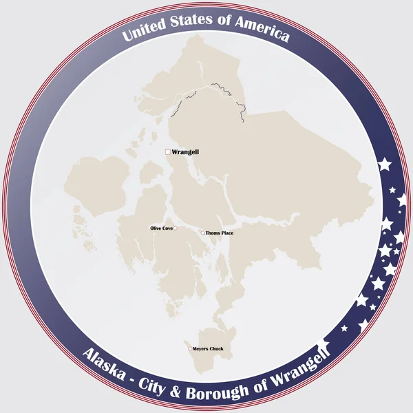 アラスカ州の市とランゲル区の詳細な地図を持つ丸ボタン — ストックベクタ