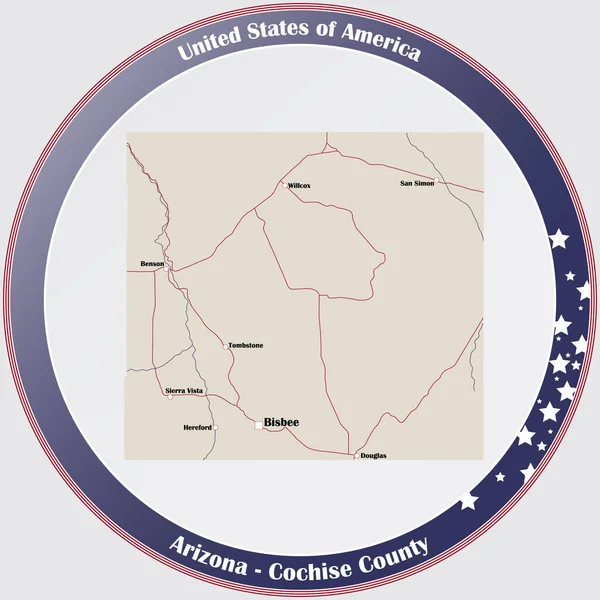 美国亚利桑那州科奇斯县的圆形按钮和详细地图 — 图库矢量图片