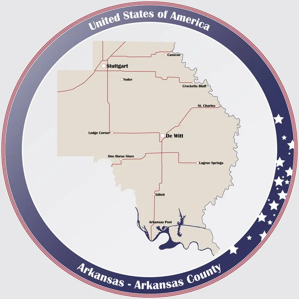 Runder Knopf Mit Detaillierter Karte Von Arkansas County Arkansas Usa — Stockvektor