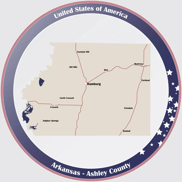 Ronde Knop Met Gedetailleerde Kaart Van Ashley County Arkansas Verenigde — Stockvector