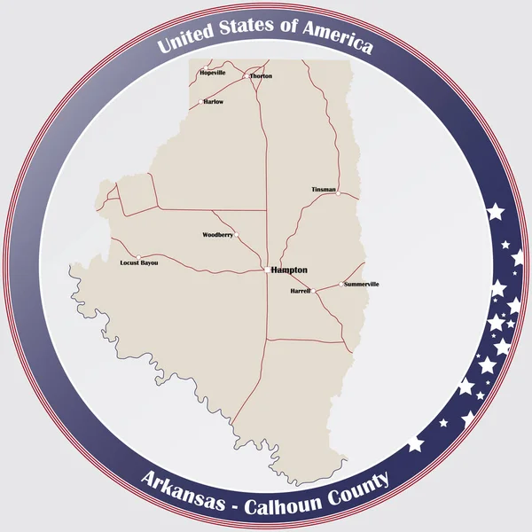 Кругла Кнопка Детальною Картою Округу Калхун Арканзасі Сша — стоковий вектор