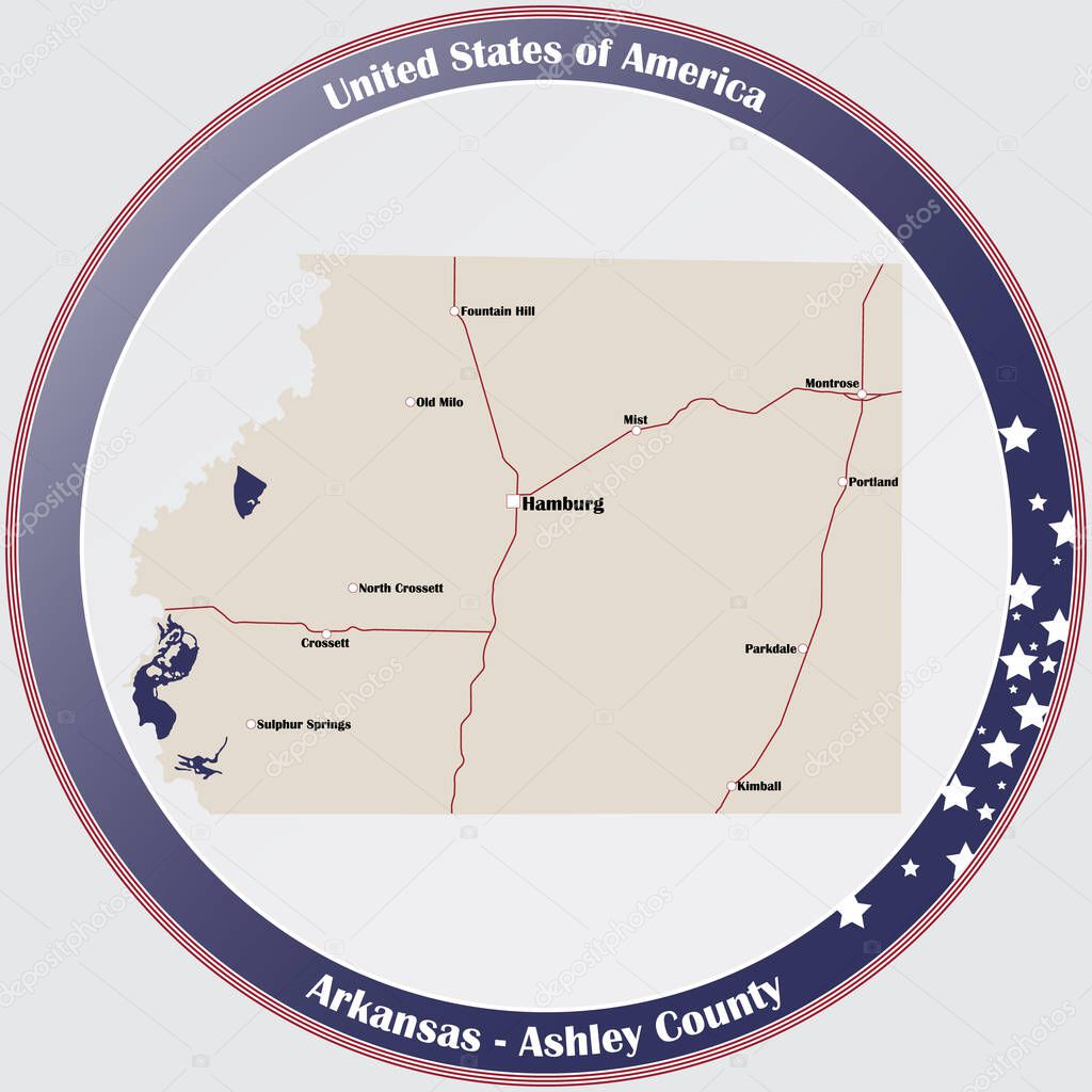 Round button with detailed map of Ashley County in Arkansas, USA.