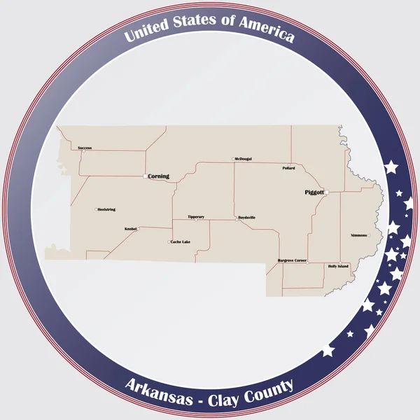 Кругла Кнопка Детальною Картою Округу Клей Арканзасі Сша — стоковий вектор