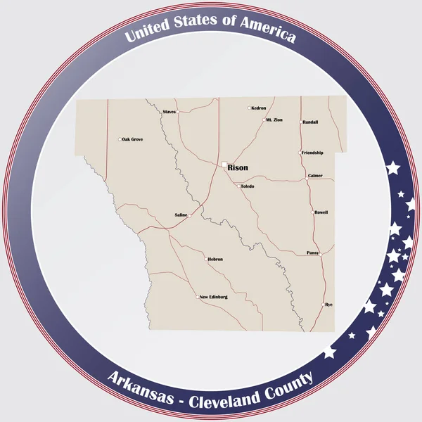 Ronde Knop Met Gedetailleerde Kaart Van Cleveland County Arkansas Verenigde — Stockvector