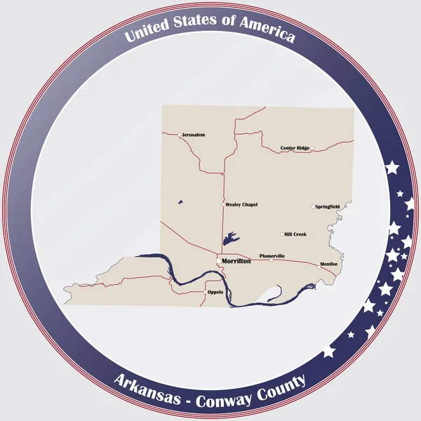 Bouton Rond Avec Carte Détaillée Conway Comté Arkansas États Unis — Image vectorielle