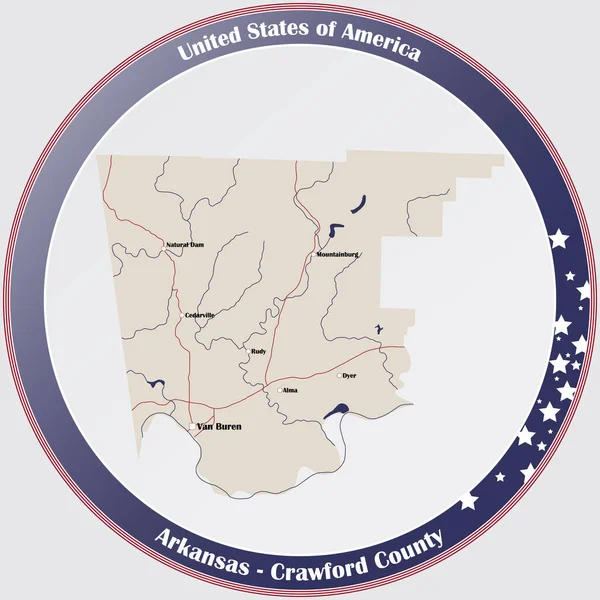 Кругла Кнопка Детальною Картою Округу Кроуфорд Арканзасі Сша — стоковий вектор