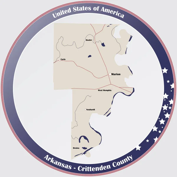 Rund Knapp Med Detaljerad Karta Över Crittenden County Arkansas Usa — Stock vektor