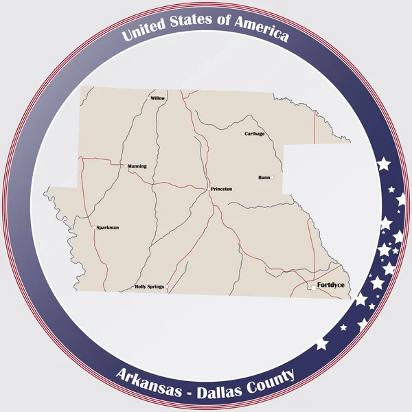 Runder Knopf Mit Detaillierter Karte Von Dallas County Arkansas Usa — Stockvektor