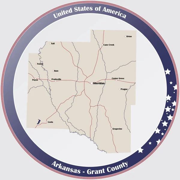 Кругла Кнопка Детальною Картою Округу Грант Арканзасі Сша — стоковий вектор