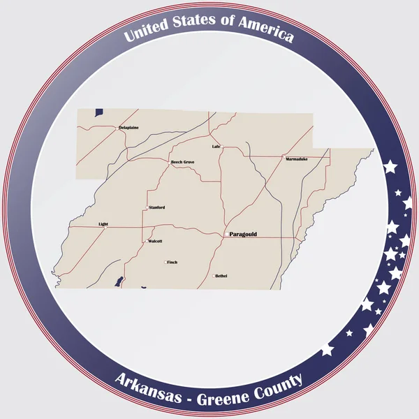Ronde Knop Met Gedetailleerde Kaart Van Greene County Arkansas Verenigde — Stockvector