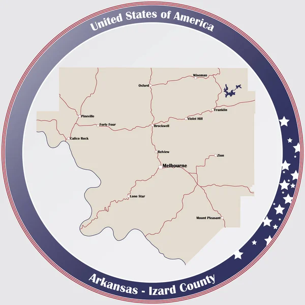 Кругла Кнопка Детальною Картою Округу Ізард Арканзасі Сша — стоковий вектор