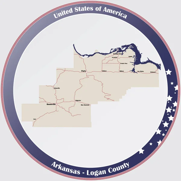 Arkansas Abd Deki Logan County Nin Ayrıntılı Haritasıyla Yuvarlak Düğme — Stok Vektör