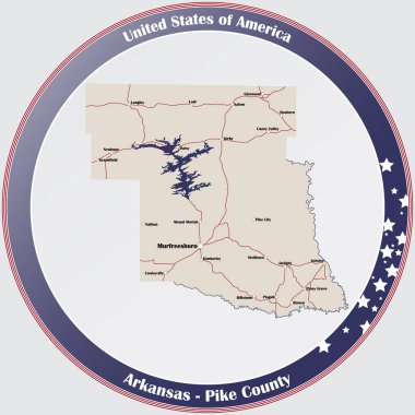 Round button with detailed map of Pike County in Arkansas, USA. clipart