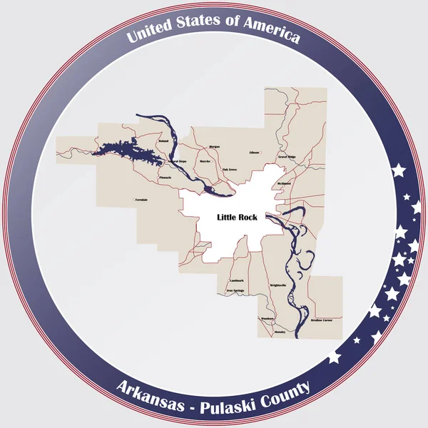 Кругла Кнопка Детальною Картою Округу Пуласкі Арканзасі Сша — стоковий вектор