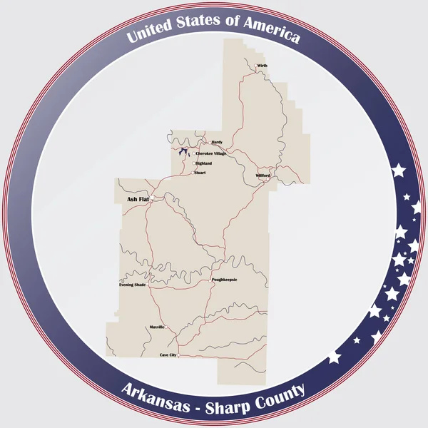 Кругла Кнопка Детальною Картою Округу Шарп Арканзасі Сша — стоковий вектор