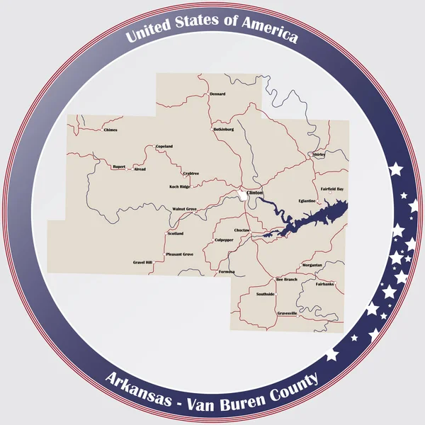 圆形按钮 附有美国阿肯色州范布伦县的详细地图 — 图库矢量图片