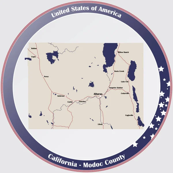 Okrągły Przycisk Szczegółową Mapą Hrabstwa Modoc Kalifornii Usa — Wektor stockowy