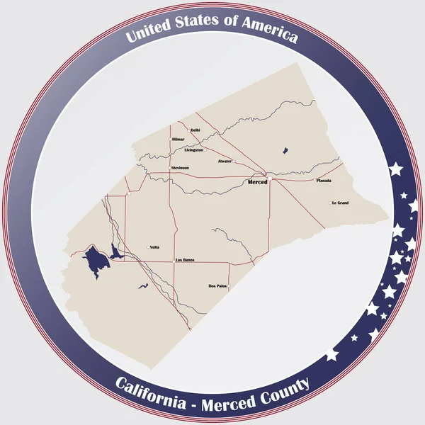 Botón Redondo Con Mapa Detallado Condado Merced California Estados Unidos — Archivo Imágenes Vectoriales