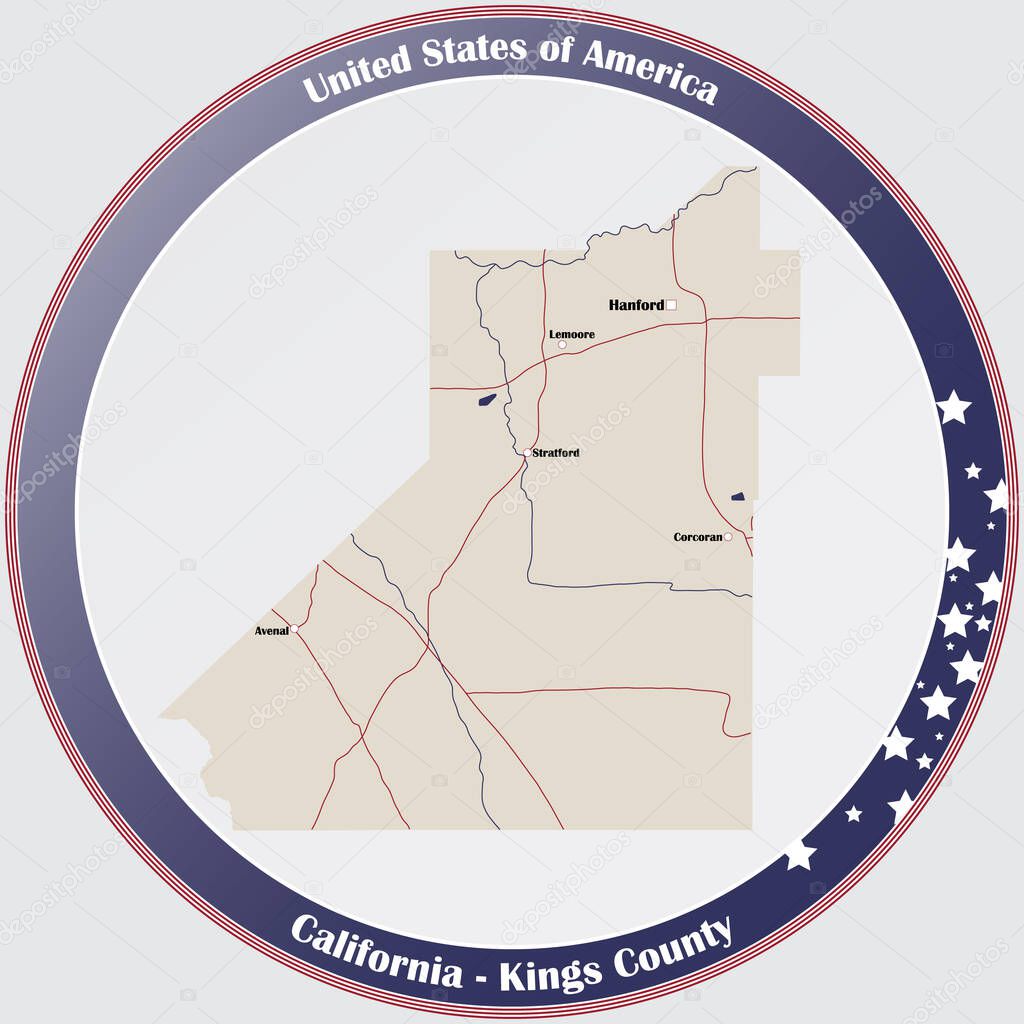 Round button with detailed map of Kings County in California, USA.