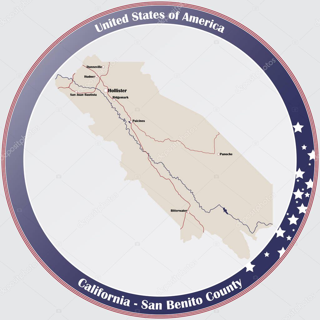 Round button with detailed map of San Benito County in California, USA.