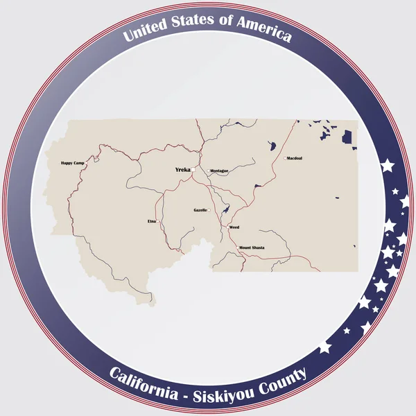 圆形按钮 附有美国加利福尼亚州西斯基亚县的详细地图 — 图库矢量图片
