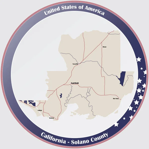 Kaliforniya Daki Solano County Nin Detaylı Haritasıyla Yuvarlak Düğme Abd — Stok Vektör