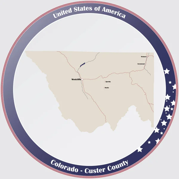 Runder Knopf Mit Detaillierter Karte Von Custer County Colorado Usa — Stockvektor