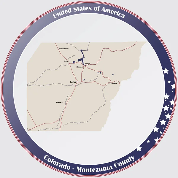Runder Knopf Mit Detaillierter Karte Von Montezuma County Colorado Usa — Stockvektor