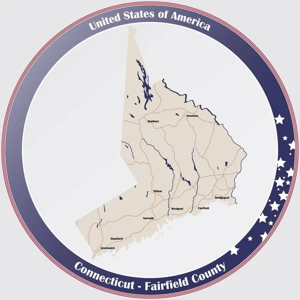 Rund Knapp Med Detaljerad Karta Över Fairfield County Connecticut Usa — Stock vektor